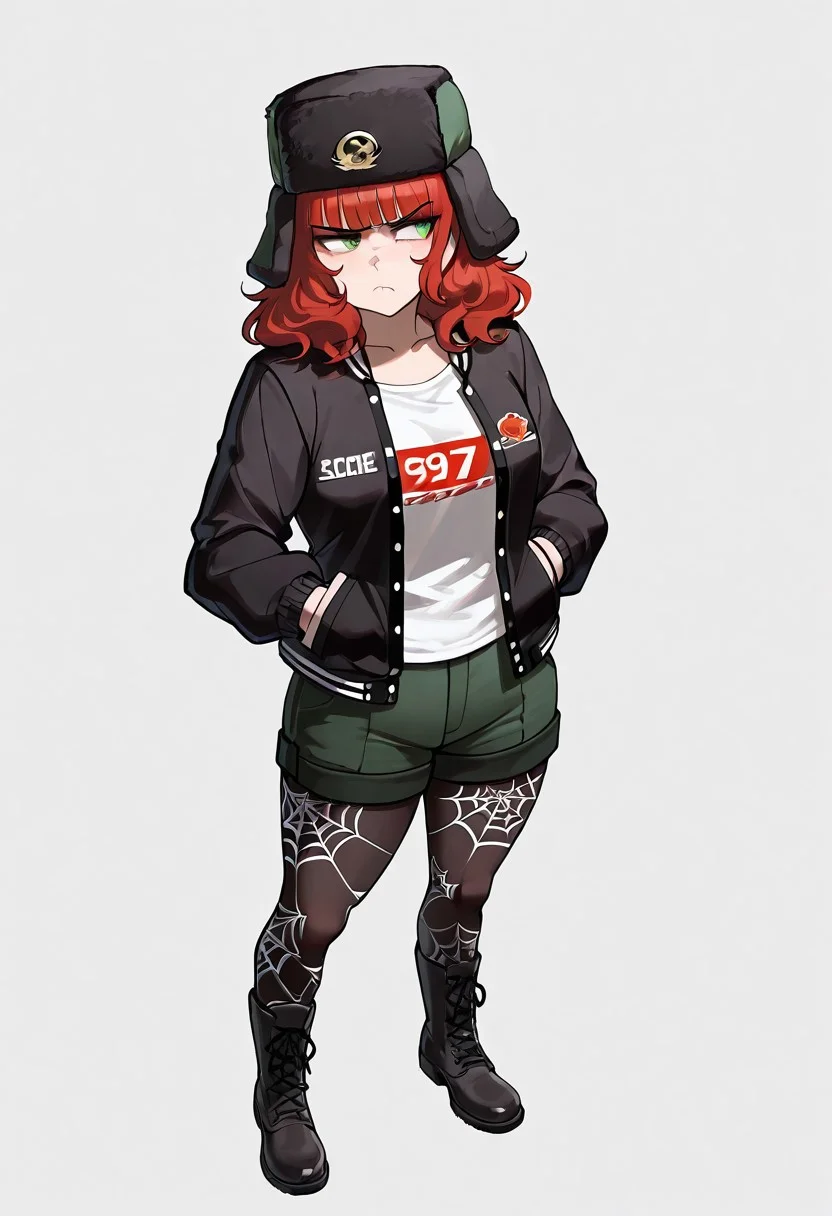 , (score_9, score_8, score_7), masterwork, masterpiece, best quality, beautiful face, detailed face, beautiful eyes, detailed eyes, cassidy01,1girl, red wavy hair, shoulder-length hair, blunt bangs, green eyes, pale skin, black ushanka hat with green ear flaps, golden emblem on hat, white t-shirt, black and white varsity jacket, dark green shorts, black pantyhose with spiderweb pattern, black combat boots with red shoelace, hands in pockets, pouting, puffed cheeks, annoyed expression, looking to the side, standing, closed mouth, displeased face