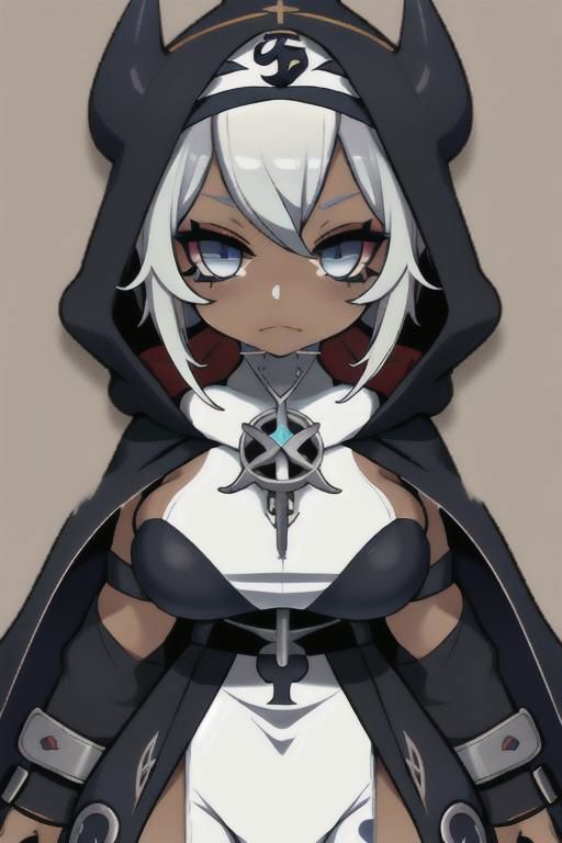 Devil, horns, body mods, chibi, huge breasts, thick thighs, muscular, ((dark tan skin)), white hair, ((navy hair streaks)), short spiky scene hair, slanted blue eyes,blue tribal cloud tattoos, non human, monster girl, bad ass, ((nun)), huge fluffy white scarf, (( hooded jumpsuit)), ((steampunk)), ((y2k aesthetic)), black, white, navy, light blue, 3d render, chibi, ((Kaeya Alberich inspired outfit)), poofy hair, eyeliner, emo, emo makeup, goth, wrench_genshin_style, chara-sheet