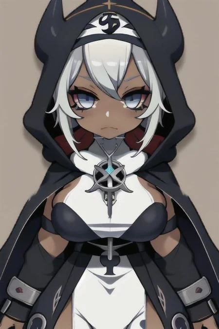 Devil, horns, body mods, chibi, huge breasts, thick thighs, muscular, ((dark tan skin)), white hair, ((navy hair streaks)), short spiky scene hair, slanted blue eyes,blue tribal cloud tattoos, non human, monster girl, bad ass, ((nun)), huge fluffy white scarf, (( hooded jumpsuit)), ((steampunk)), ((y2k aesthetic)), black, white, navy, light blue, 3d render, chibi, ((Kaeya Alberich inspired outfit)), poofy hair, eyeliner, emo, emo makeup, goth, wrench_genshin_style, chara-sheet