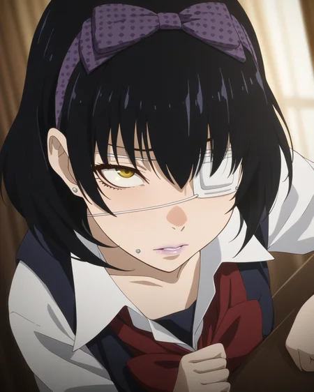 best quality,masterpiece,highres,1girl,solo,newest,rating: explicit, looking at viewer , <lora:Midari_Ikishima_XL-step00001400:0.8> ,(midari ikishima, black hair, yellow eyes, eyepatch, hairband, short hair, jewelry, earrings, stud earrings), school uniform