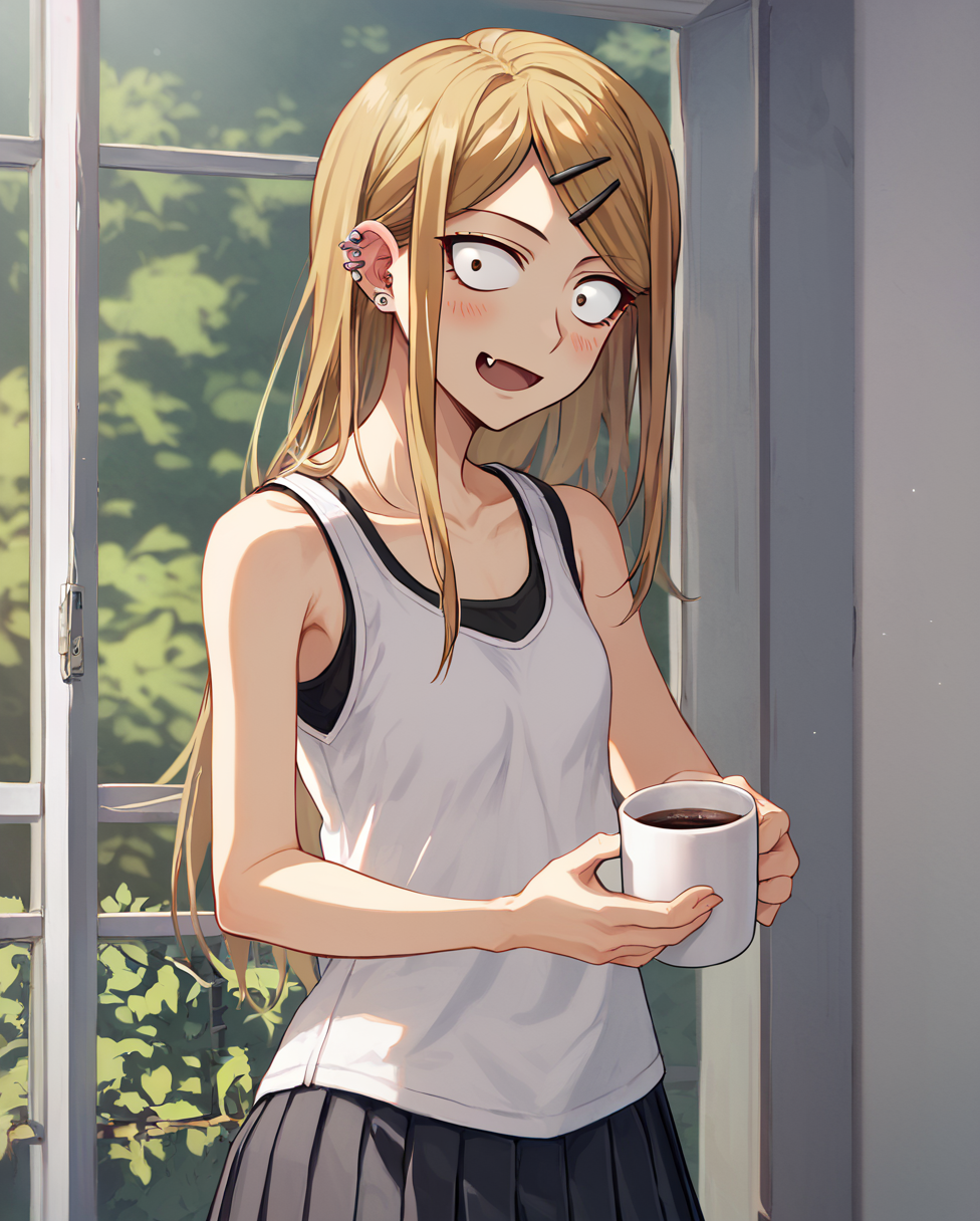 score_9, score_8_up, score_7, 1girl, solo, coffee_shop, endou_saya, sanpaku, brown eyes, blonde hair, long hair, hairclip, white shirt, tank top, pleated skirt, <lora:endou_saya:1>, hair ornament, hairclip, long hair, ear piercing, jewelry, looking at viewer, blush, small breasts, open mouth, fang, collarbone, constricted pupils, bare shoulders, smile, standing, holding a cup