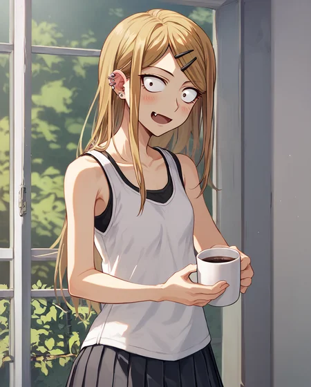 score_9, score_8_up, score_7, 1girl, solo, coffee_shop, endou_saya, sanpaku, brown eyes, blonde hair, long hair, hairclip, white shirt, tank top, pleated skirt, <lora:endou_saya:1>, hair ornament, hairclip, long hair, ear piercing, jewelry, looking at viewer, blush, small breasts, open mouth, fang, collarbone, constricted pupils, bare shoulders, smile, standing, holding a cup