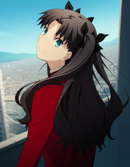 score_9, score_8_up, score_7_up, source_anime, rintohsaka, <lora:rin-tohsaka-ubw-ponyxl-lora-nochekaiser:1>, rin tohsaka, aqua eyes, black hair, hair ribbon, long hair, ribbon, sidelocks, two side up, parted bangs,, <lora:shaft-look-ponyxl-lora-nochekaiser:1>, shaft look, looking back, from behind, head tilt,, cityscape, street, smile,, cowboy shot, dutch angle, solo,