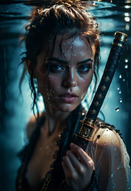 glamour portrait photo, macro, a captivating vibrant glow, mysterious female futuristic pirate, ,(katana infront of face acting as a mirror, reflecting) , surrounded by water particles , ethereal, smoky backdrop. throwing a translucent white/tanslucent dark/bright fade, pirate clothing revealing cleavage, 100mm f/2.8 macro lens, atmospheric haze, Film grain, cinematic film still, shallow depth of field, highly detailed, high budget, cinemascope, moody, epic, OverallDetail, gorgeous, 2000s vintage RAW photo, photorealistic, candid camera, color graded cinematic, eye catchlights, atmospheric lighting, imperfections, natural, shallow dof