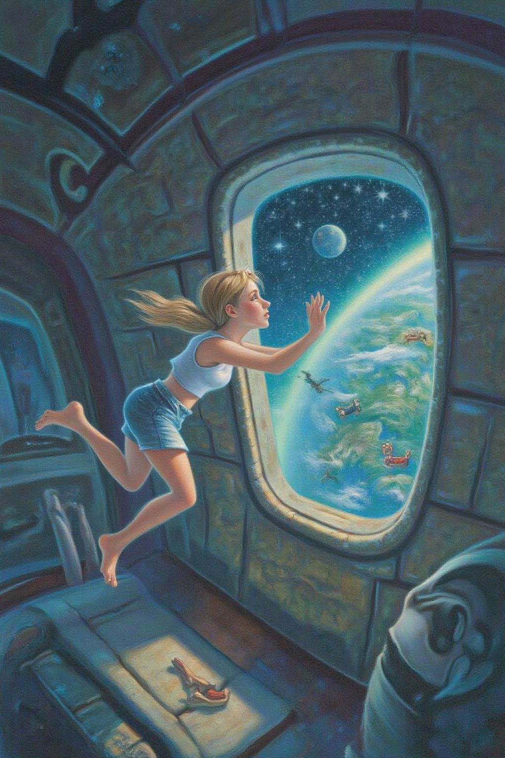 magr1 illlustration.
side profile view of a blonde, floating weightless, space station. She is wearing short shorts, white tank top and barefoot, and looking outside towards earth. She is melancholic, and is thinking of her family back on earth. <lora:magr1_cap_d6a3e12:1.0><lora:828070742924012315:0>