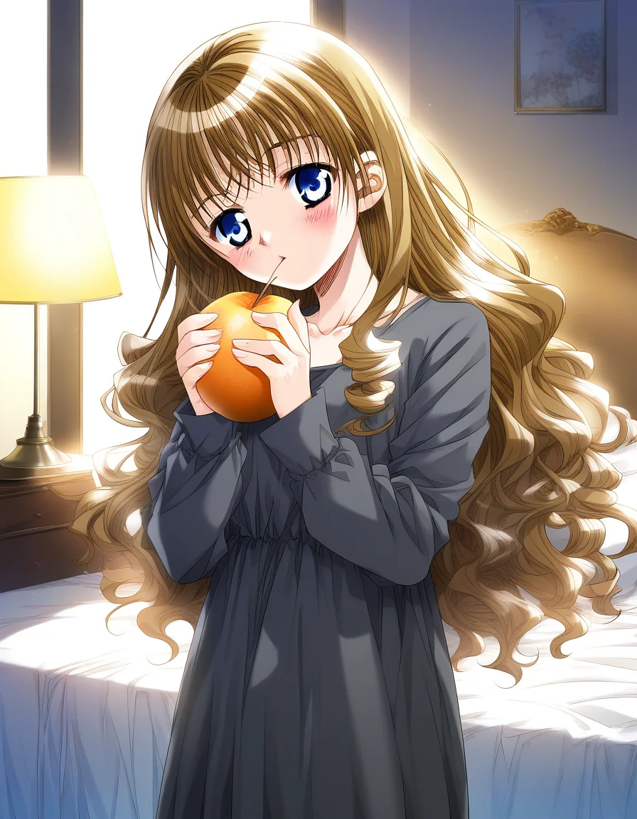 score_9, score_8_up, score_7_up, source_anime, rating_explicit, BREAK <lora:Yukiyanagi_Yuzu_XL:0.8> Yukiyanagi_Yuzu, blue eyes, brown hair, blonde hair, small breasts,
1girl, solo, long hair, wavy hair,
long hair, food, fruit, holding, holding food, holding fruit, indoors, bed, long sleeves, blush, very long hair, lamp, window
cowboy_Shot,