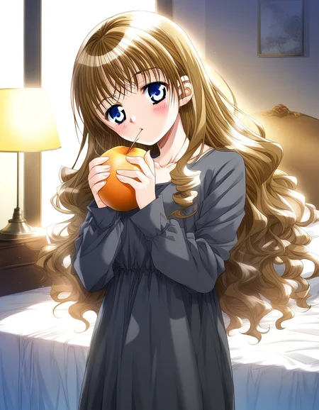 score_9, score_8_up, score_7_up, source_anime, rating_explicit, BREAK <lora:Yukiyanagi_Yuzu_XL:0.8> Yukiyanagi_Yuzu, blue eyes, brown hair, blonde hair, small breasts,
1girl, solo, long hair, wavy hair,
long hair, food, fruit, holding, holding food, holding fruit, indoors, bed, long sleeves, blush, very long hair, lamp, window
cowboy_Shot,