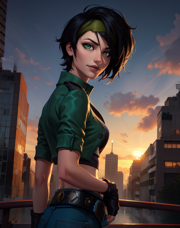 jadebge, short black hair, green eyes, solo, upper body, smirk  leaning back,  
 from side, 
(insanely detailed, beautiful detailed face, masterpiece, best quality) cinematic lighting, <lora:JadeBGE-10v6:0.7>