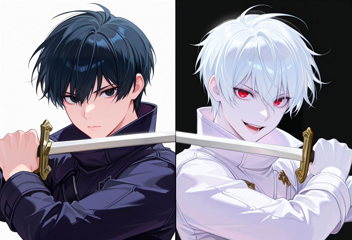 masterpiece, high quality, absurdres, simple background, white background, 2boys, male focus, black vs white, dual persona, upper body, black hair, black eyes, black coat, weapon, holding sword, holding weapon, pointing sword, closed mouth, split screen, <lora:sword_to_throat:0.5>
masterpiece, high quality, absurdres, simple background, black background, 2boys, male focus, black vs white, dual persona, upper body, colored skin, red eyes, white hair, white coat, white skin, holding sword, holding weapon, pointing sword, sword to throat, open mouth, smile, split screen, <lora:sword_to_throat:0.5>