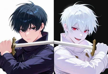 masterpiece, high quality, absurdres, simple background, white background, 2boys, male focus, black vs white, dual persona, upper body, black hair, black eyes, black coat, weapon, holding sword, holding weapon, pointing sword, closed mouth, split screen, <lora:sword_to_throat:0.5>
masterpiece, high quality, absurdres, simple background, black background, 2boys, male focus, black vs white, dual persona, upper body, colored skin, red eyes, white hair, white coat, white skin, holding sword, holding weapon, pointing sword, sword to throat, open mouth, smile, split screen, <lora:sword_to_throat:0.5>