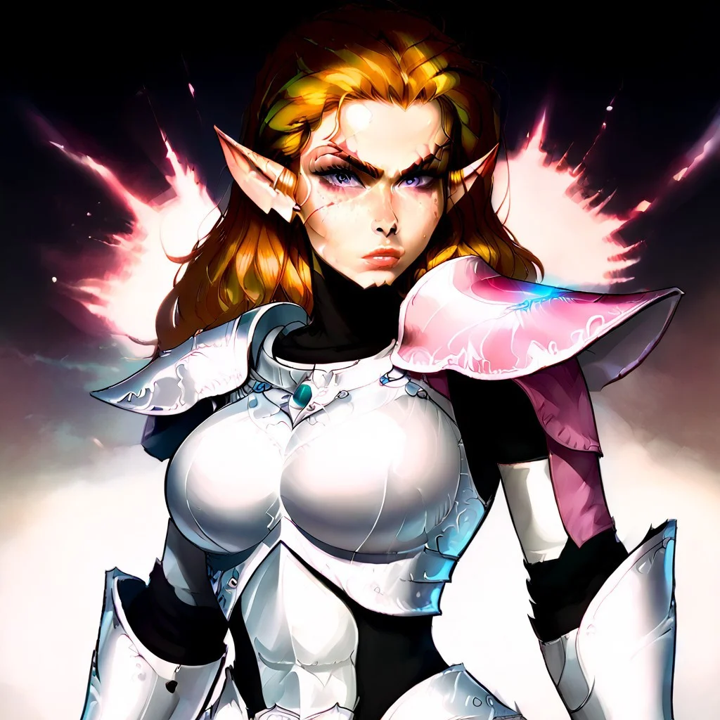 A highly detail character portrait, of a young woman, with long two tone hair, dark green and yellow hair, long pointed ears, huge heavy breasts, glowing purple eyes, wearing pink armor, scar face, facial scars, deep scars, strong, beautiful face, Japanese face, freckles, fit, looking at viewer, dynamic pose