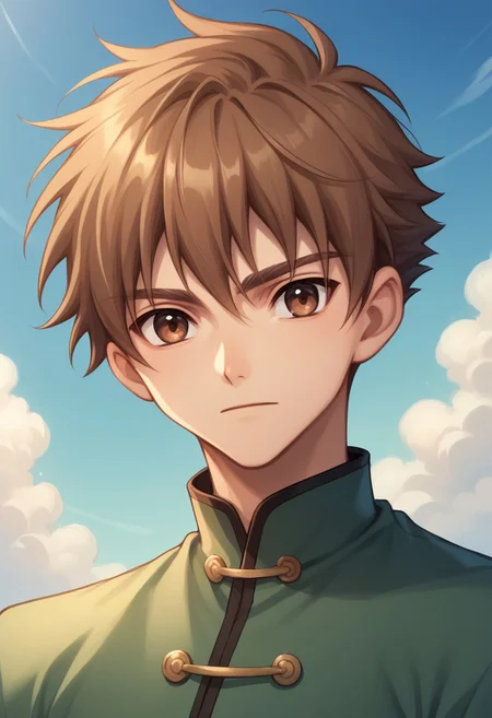 score_9, score_8_up, score_7_up, source_anime, highly detailed, 
shaoran, brown eyes, brown hair, male focus, sky, 1boy, solo, day, upper body, chinese clothes,