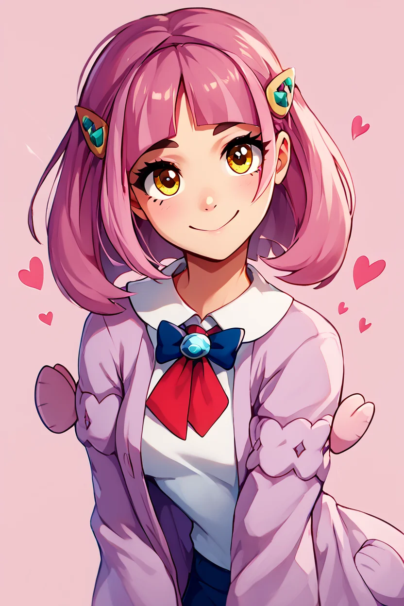 score_9, score_8_up, score_8, medium breasts, (curvy), cute, eyelashes, ,,, , ,,, zzLacey, yellow eyes, pink hair, medium hair, hair ornament, shirt, long sleeves, hairclip, white shirt, cardigan, open clothes, <lora:Lacey_Pokemon_PDXL:1.0>, ,,,, BREAK, looking at viewer, ,,, smile, upper body, leaning forward, head tilt, ,,, embedding:zPDXL, Expressiveh, ,,, <lora:theButcherXPDXL:0.8>, <lora:CatalystStylePDXL:0.6>, <lora:SDXLFaeTastic2400:0.5>, <lora:Expressive_H-000001:0.4>,