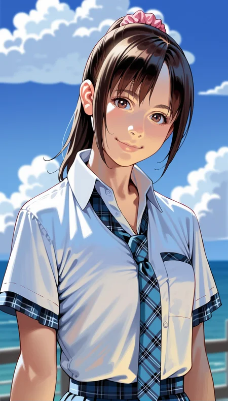 score_9,score_8_up,score_7_up,<lora:MiiyamotoHikari:0.9>,
miiyamotohikari,
highres,photorealism,
1girl,solo,black hair,ponytail,bangs,pink scrunchie,
brown eyes,looking at viewer,smile,
white collar shirt,blue plaid necktie,blue plaid skirt,
upper body,(waving:1.1),head tilt,
blurry background,outdoors,blue sky,ocean,cloud,sea fence,distant mountains,clear blue sky,soft clouds drifting,summer,