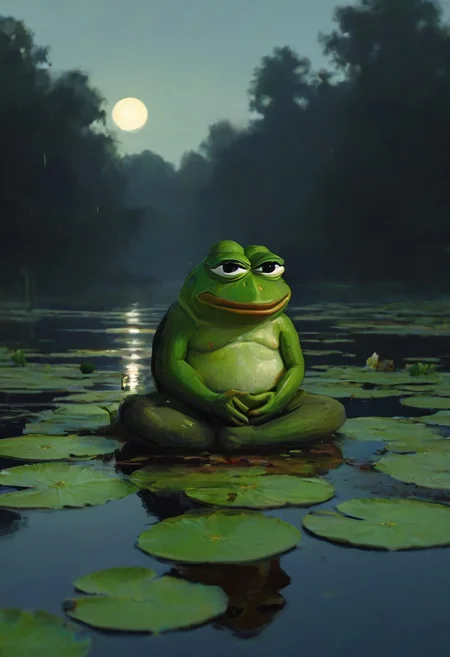 pepe_frog is sitting on a water lily, ( sad pepe_frog:1.2), unhappy, full body, swamp, from side,
(oil on canvas:0.1), cinematic light, Jeremy Mann, dark shot, vegetable, highlights,
<lora:ClassipeintXL1.9:0.3> <lora:pepe_frog SDXL:1>, ,best quality, high resolution, extreme detail, outstanding composition, masterpiece,