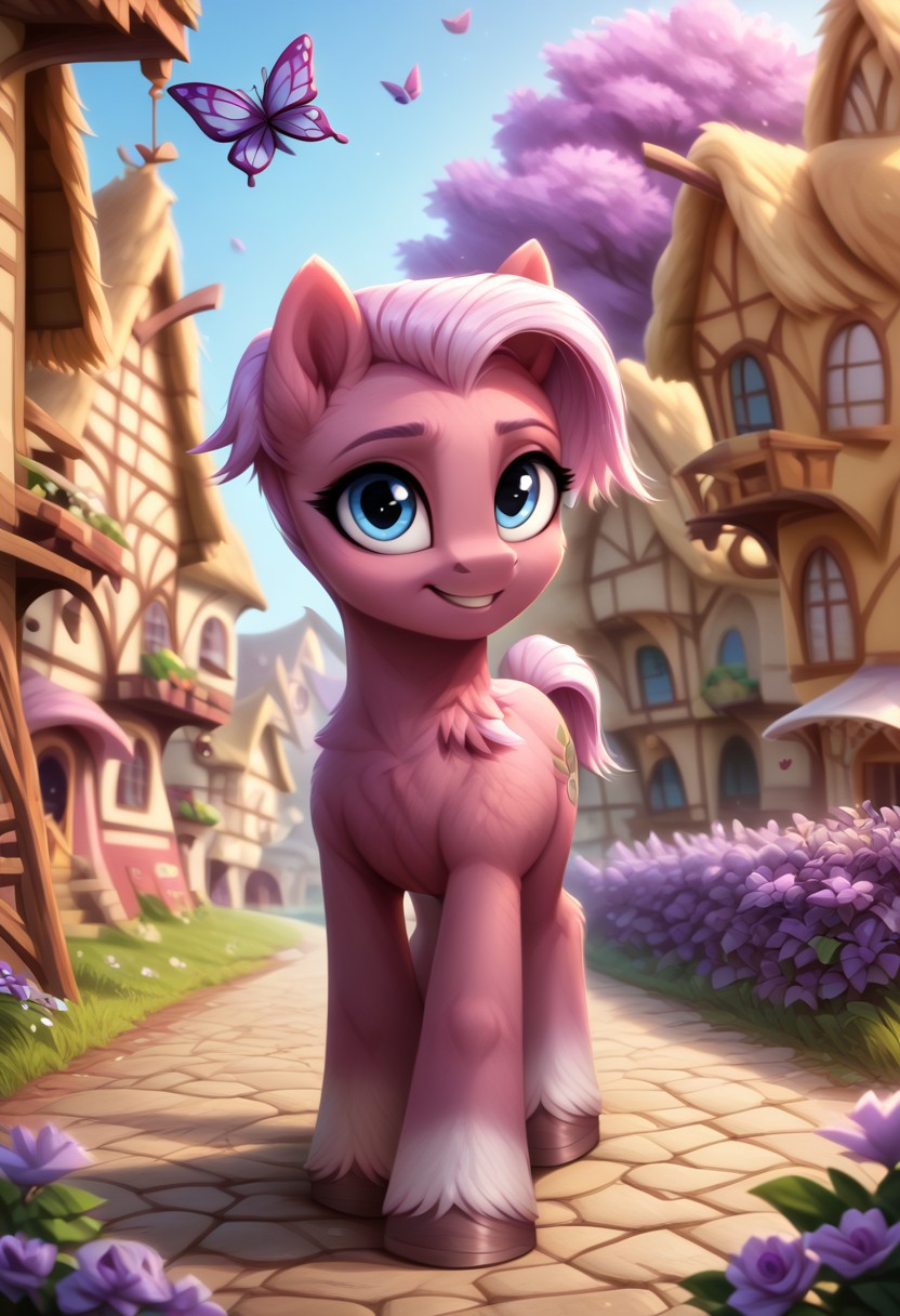 masterpiece, score_9, score_8_up, score_7_up, score_6_up, (best quality:1.1), ultra-detailed, high resolution, (SOLO), (1GIRL), (FEARL PONY), ((JASMINE LEAF)), ((detailed pink short hair)), (highly detailed pony face), (beautiful detailed blue eyes), (shy smile), (detailed purple fur:1.6), ((highly detailed ponyville background:1.5)), (purple flowers everywhere:1.5), (purple butterflies:1.5), (looking at viewer), (cute, adorable), (walking on a stone path), high quality, sharp, the quality of ai art is frightening, highly detailed, Highly Visible, sharp focus, high detail, detailed background,