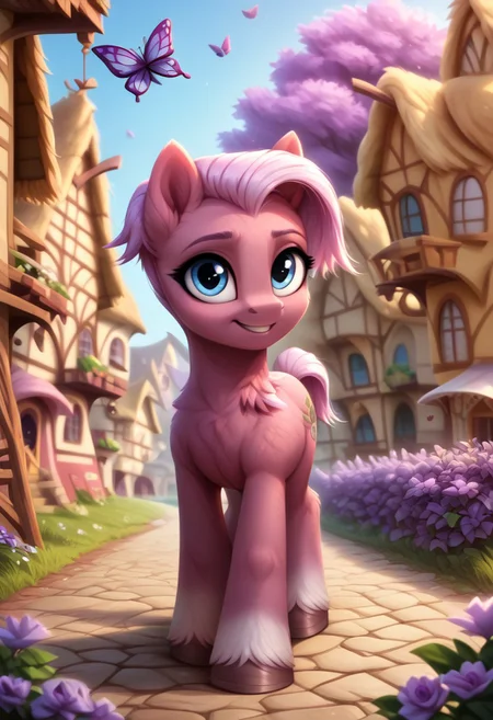 masterpiece, score_9, score_8_up, score_7_up, score_6_up, (best quality:1.1), ultra-detailed, high resolution, (SOLO), (1GIRL), (FEARL PONY), ((JASMINE LEAF)), ((detailed pink short hair)), (highly detailed pony face), (beautiful detailed blue eyes), (shy smile), (detailed purple fur:1.6), ((highly detailed ponyville background:1.5)), (purple flowers everywhere:1.5), (purple butterflies:1.5), (looking at viewer), (cute, adorable), (walking on a stone path), high quality, sharp, the quality of ai art is frightening, highly detailed, Highly Visible, sharp focus, high detail, detailed background,