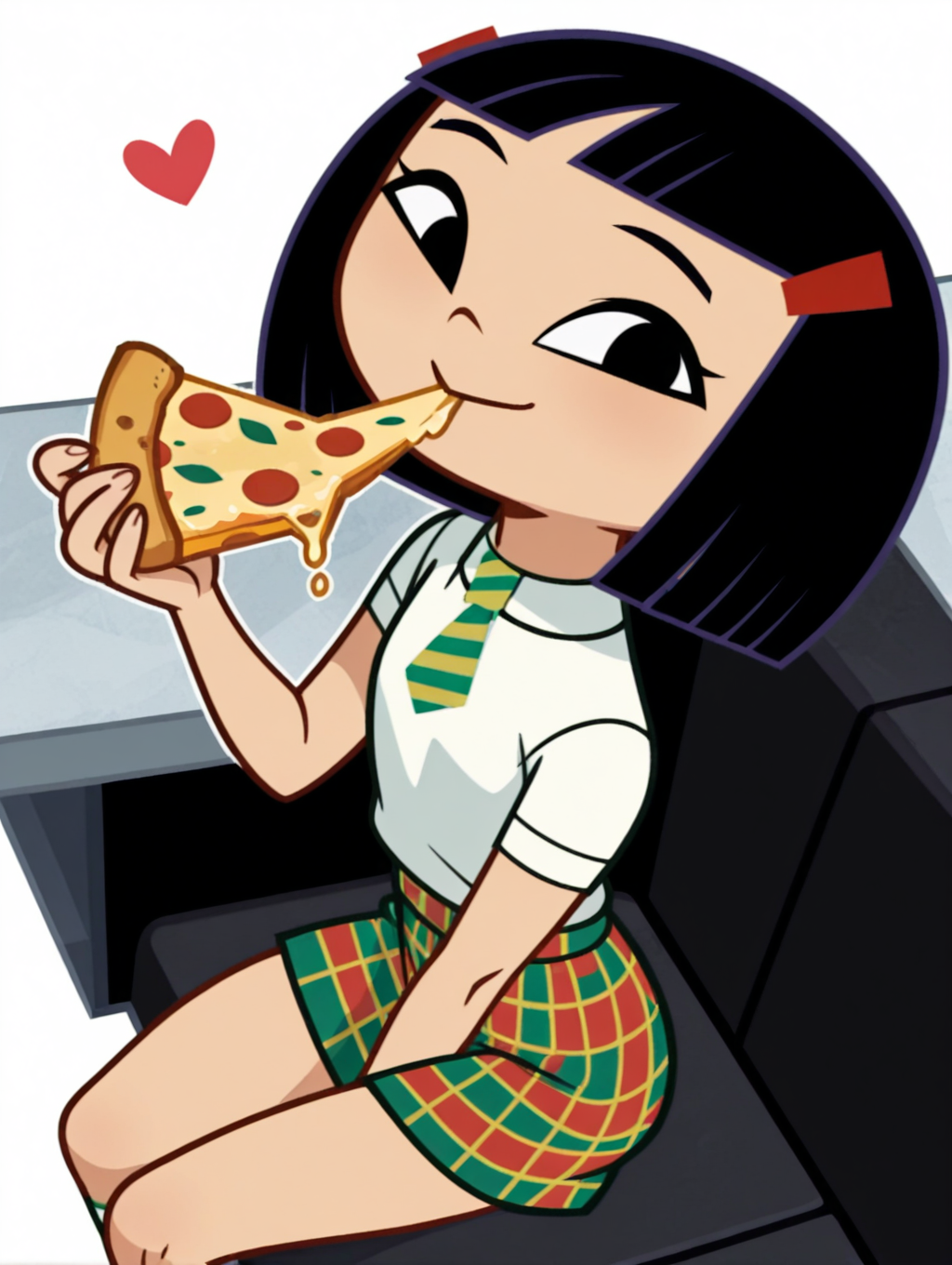 KittyKoZYN, 1girl, solo, black hair, hair ornament, bob cut, bangs, short hair, hairclip, blunt bangs, black eyes, school uniform, white shirt, necktie, plaid skirt, cowboy shot, looking at viewer, beautiful, ((beautiful face, beautiful eyes)), (smile, dutch angle,naughty pose, cute, sitting, eating, pizza, Cheese stretch, restaurant, looking at viewer, heart, petite, solo, dynamic pose, full_body, head tilt,),((white background, White frame, white outline)), from above,(((from side:1.5))),
