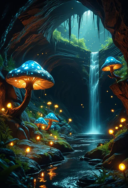 SmoothNoob_Quality, no humans, cave interior, cave, fantasy, light particles, fireflies, river, glowing mushrooms, stalactites,