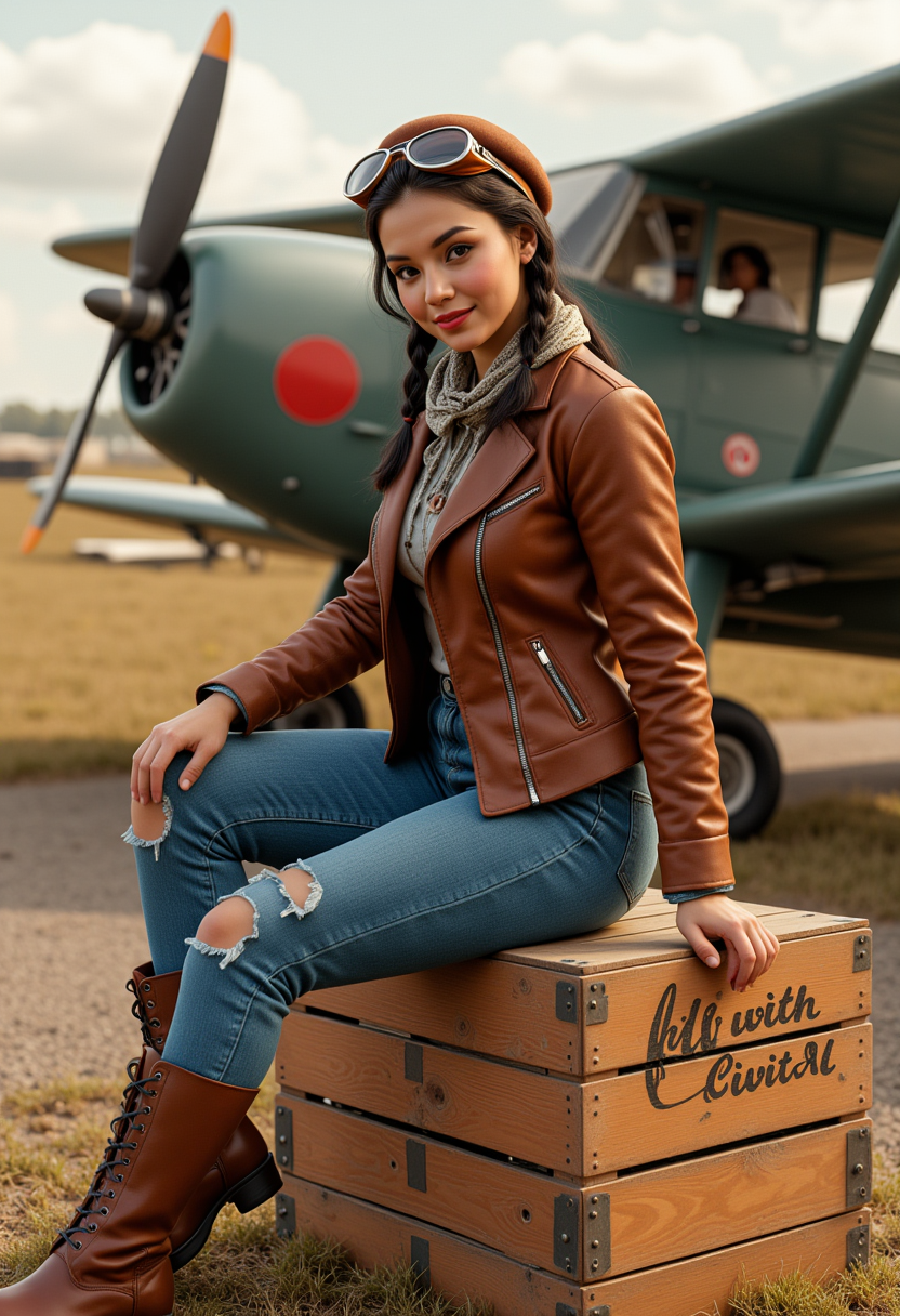 She is approximately 18 years old.she is standing, a vintage aircraft is in the background.  Hyperrealism, she is looking at the camera, (dynamic angles), headshots of a beautiful, stunning unique female character.  she has dark hair. her eyes are filled with joy and excitement, extravagant eyelashes, a photo of AGDV2_nokrea, a woman with brown eyes, wearing a brown leather jacket and a brown hat with goggles and denim blue jeans and brown boots. is posing on a large wooden crate. She is posing for the camera, while sitting on a large crate.  On the crate is written "fly with CivitAI".  She is wearing a scarf and has a braid. The photo is in a sepia tone, giving it a vintage feel. The background is blurry, focusing on AGDV2_nokrea as the main subject. She has a slight smile on her face and is looking directly at the camera. making this image a masterpiece of photography and digital art. realistic. making this image a masterpiece of photography and digital art. Style: realistic hyper-detailed rendering, 32k UHD, expressive eyes, punk, graphic design, girl's face, pretty and cute, gleaming lips, telling a tale of adventure. Exuding confidence and serenity. The overall mood of the image is happy and relaxed,detailed skin texture,(blush:0.2),(goosebumps:0.3),subsurface scattering,whimsical,Detailed hand, Perfect hand. Perfection style. The scene is set outdoors, with a vintage plane visible in the background. The photo is taken in a close-up shot, focusing on  AGDV2_nokrea legs and feet.
