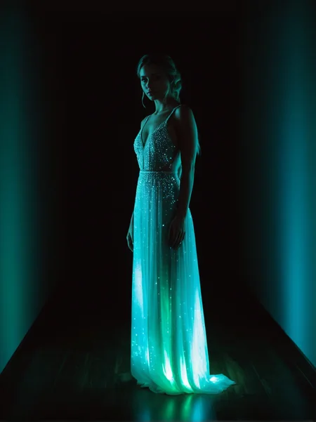 A dynamic cinematic photograph of Andrea_Michaels_P_MXAI_SDXL , sly expression, walking through a dark room, wearing a long (((real-bioluminescent-glowing-style))) dress,, SK_CINEMATIC, ziprealism