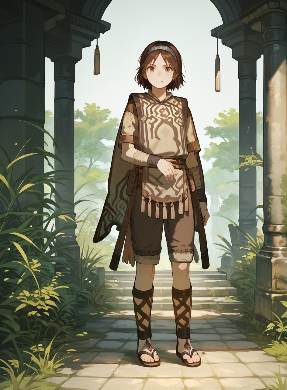 score_9, score_8_up, score_7_up, <lora:wanderpxl:1>, wanderpxl, 1boy, best quality, masterpiece, stanwan, headband, poncho, otherworldly, looking at viewer, brown hair, stanwan, anime, sandals,