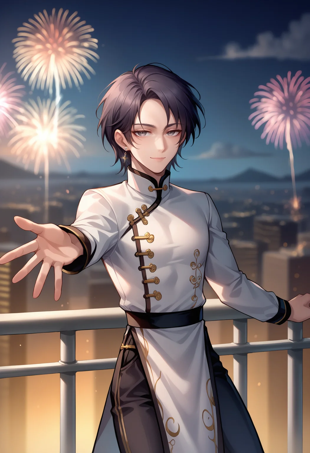 score_9,score_7_up, source_anime, <lora:shp13m-ponyxl-beta2-11:1>SHP13M, short hair, black hair, grey eyes, 1boy, mature male, pale skin, chinese clothes, black pants, forehead, swept bangs, reaching, reaching towards viewer, beckoning, fireworks, outdoors, skyline, skyscraper, backlighting, night, cloudy, blurred background, depth of field, smile, closed mouth, half-closed eyes, pelvic curtain, long sleeves, railing, cowboy shot, upper body,single earring, arm at side,