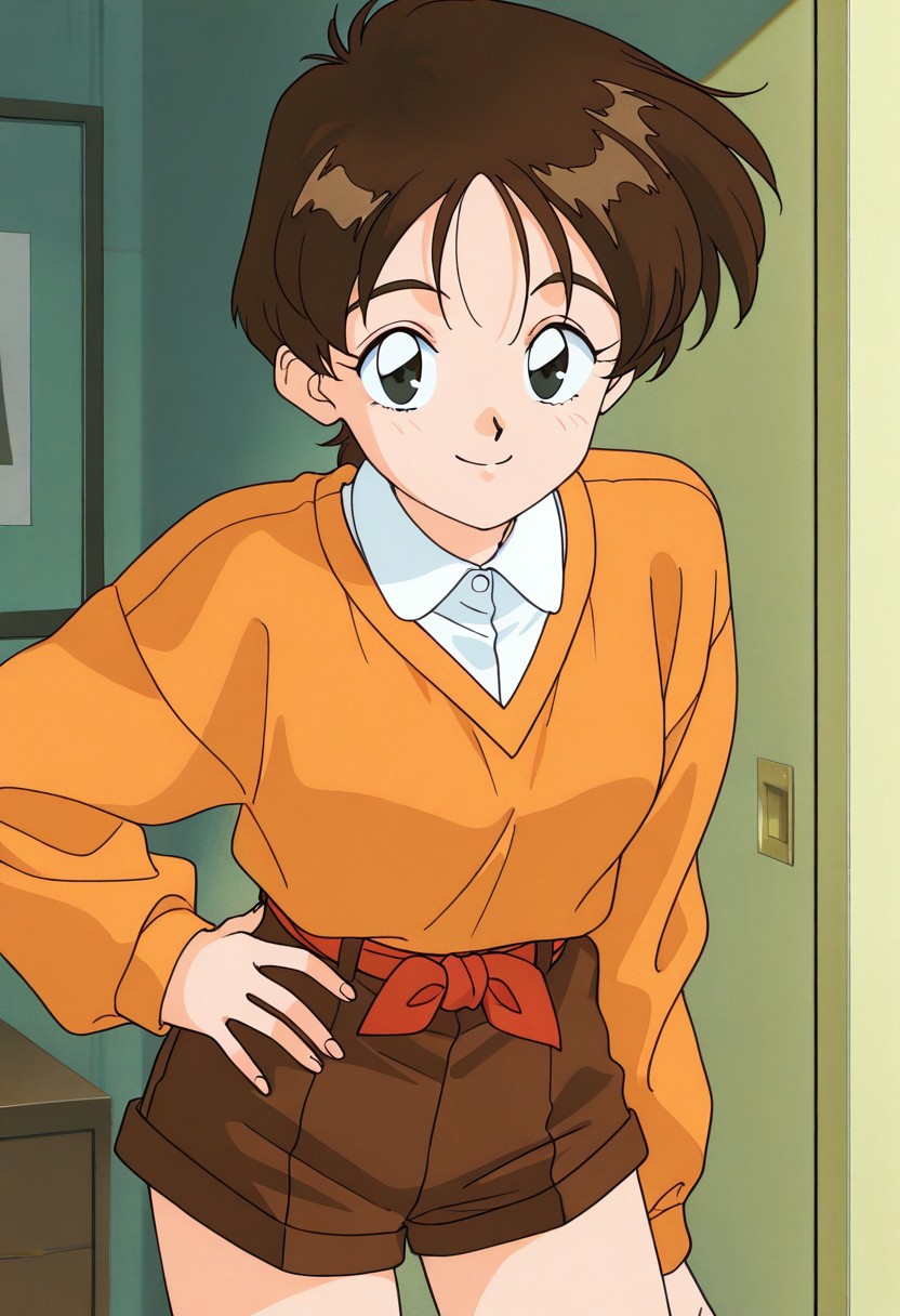 score_9, score_8_up, score_7_up, source_anime,masterpiece, best quality,1990s_(style),a gril,Hikaru, solo,brown_hair, short_hair, black_eyes, orange_sweater, white_shirt, brown_shorts, (detailed face and eyes,smile),looking at viewer,(cowboy shot,hand on hip),indoor,livingroom