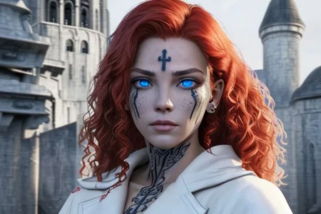bright red hair, human female, (feminine:1.7), (beautiful face, detailed face:1.6), (beautiful eyes, detailed eyes:1.7), (looking at viewer, eye contact, intense:1.6), (long hair, red hair, curly hair:1.3), , ((masterpiece, best quality, high resolution, realistic, best quality,)), photo realistic, Perfect Face, (detailed face). <lora:GoodHands-vanilla:0.6> <lora:add-detail-xl:0.8>, mage, (Dress White military uniform coat), dagger, rune dagger, glowing runes, , (((glowing magic symbols tattoos, religious tattoos))), ((face tattoos)), glowing tattoos, stone tower in the background