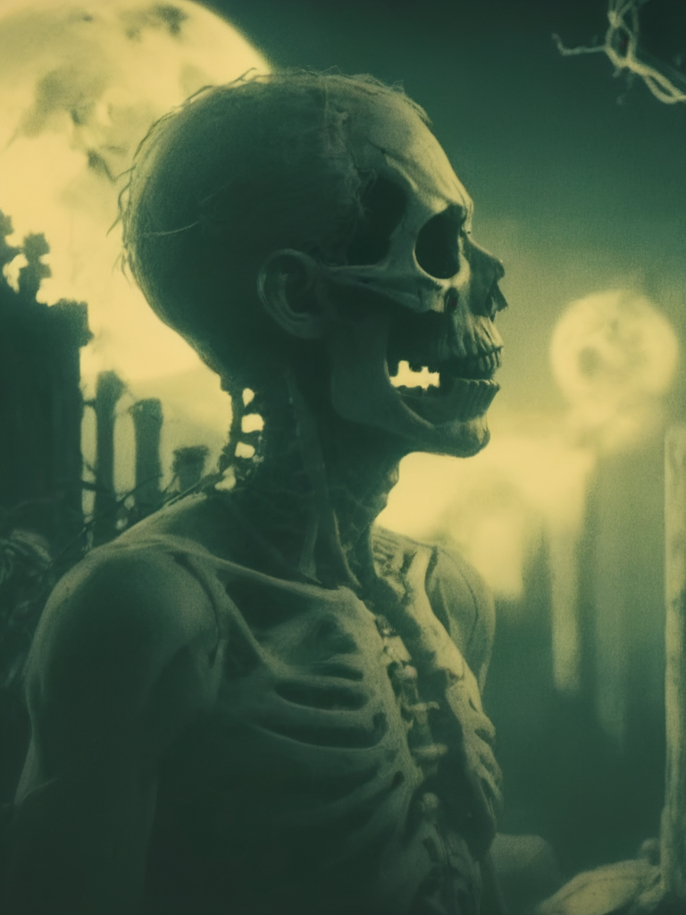 an eerie side view profile shot in the style of sqrhmmr of a fleshy bio-mechanical broken  human anatomy on a graveyard in green tint with glowing yellow, silhouette, clean edges, bright moonlight, outlines, metropolis 1927 style, <lora:- SDXL - sqrhmmr _Square-Hammer_Style_V1.0:1>