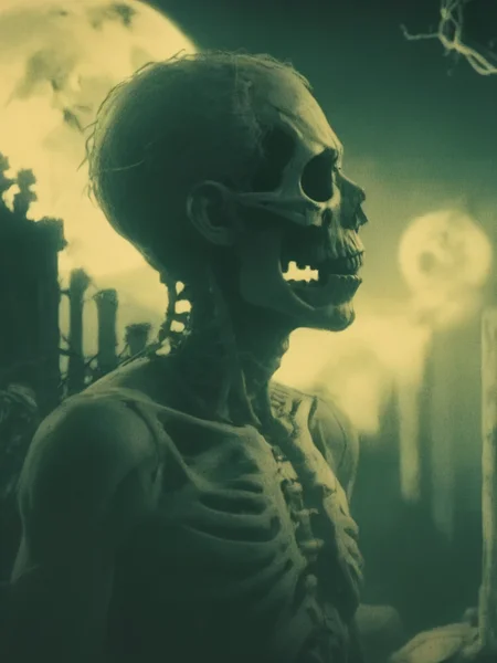 an eerie side view profile shot in the style of sqrhmmr of a fleshy bio-mechanical broken human anatomy on a graveyard in green tint with glowing yellow, silhouette, clean edges, bright moonlight, outlines, metropolis 1927 style, <lora:- SDXL - sqrhmmr _Square-Hammer_Style_V1.0:1>