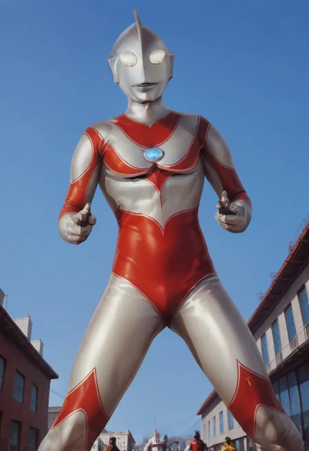 score_9, score_8_up, score_7_up, score_6_up, score_5_up, score_4_up,male focus,ultraman,a city where the remains of a slain monster remain, ultraman about to fly into the sky after the battle, a giant superhero taller than a building, the light on his chest is flashing red, no human,alien,giant superhero,silver head,hard mask,yellow glowing eyes,silver rubber bodysuit with red line, slim,glowing hemisphere on the chest,Double line,silver gloves and boots,no smile,no eyes,no nose,slim,huge,angle from below,negative_hand