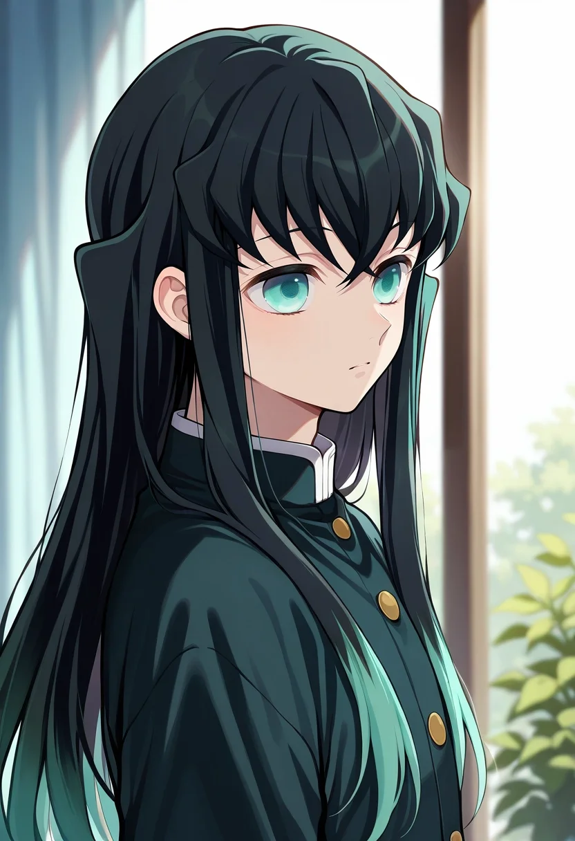 masterpiece, best quality, , , , , 1boy, solo, male focus, <lora:muichirou_tokitou_ilxl:1>, muichirou_tokitou, black hair, aqua eyes, long hair, bangs, hair between eyes, sidelocks, multicolored hair, two-tone hair, gradient hair, aqua hair, ,