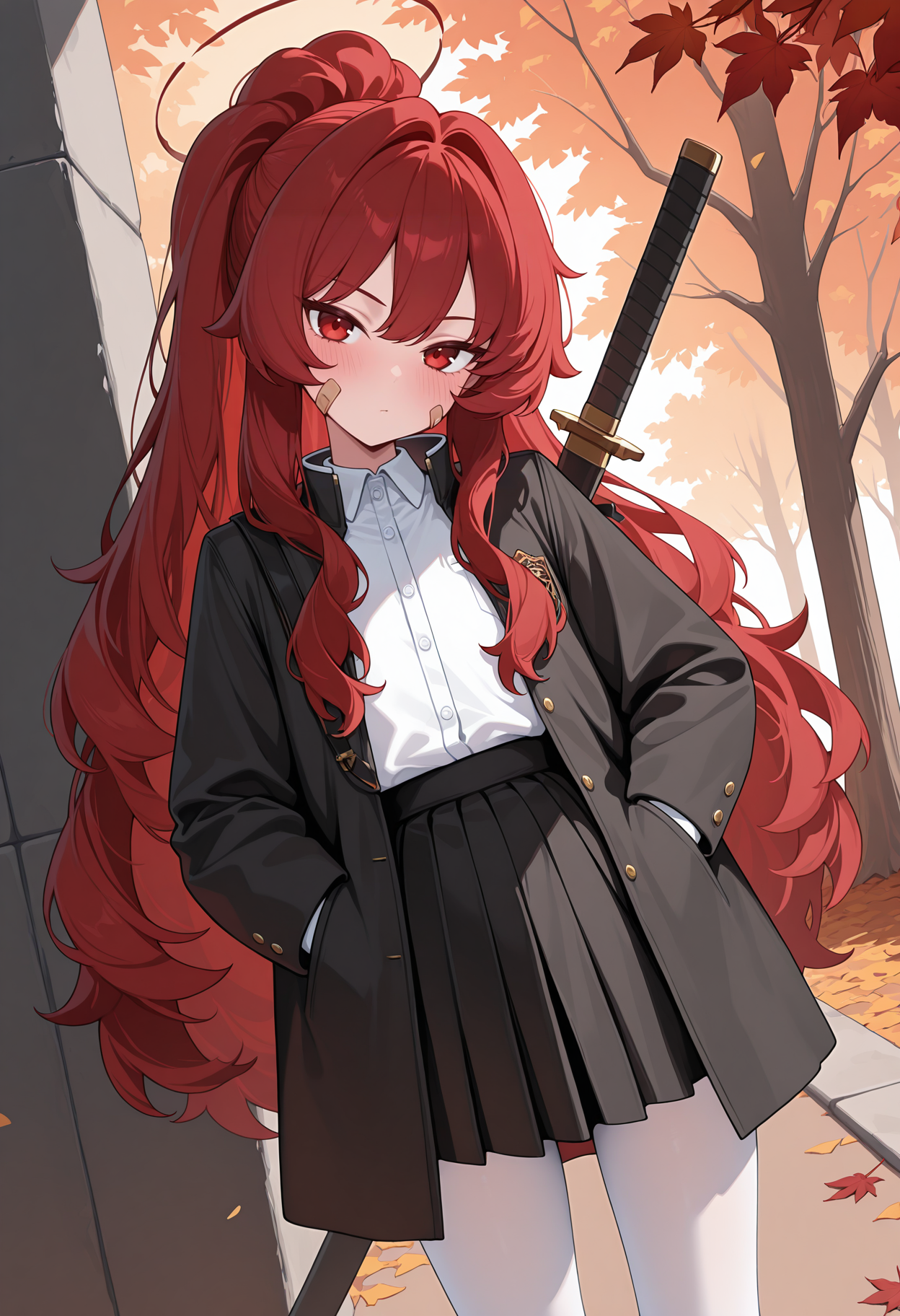 highres, best quality, masterpiece, autumn leaves, outdoors, 
1girl, solo, kvkoito, red hair very long hair, ponytail, bandaid on face, halo, red eyes,
school uniform, black jacket, black coat, open jacket, white shirt, collared shirt, black skirt, pleated skirt, white pantyhose,
looking at viewer, blush, head tilt,
sword on back, hands in pockets, dutch angle,
<lora:_koito_kv-elesico-ilxl:1>