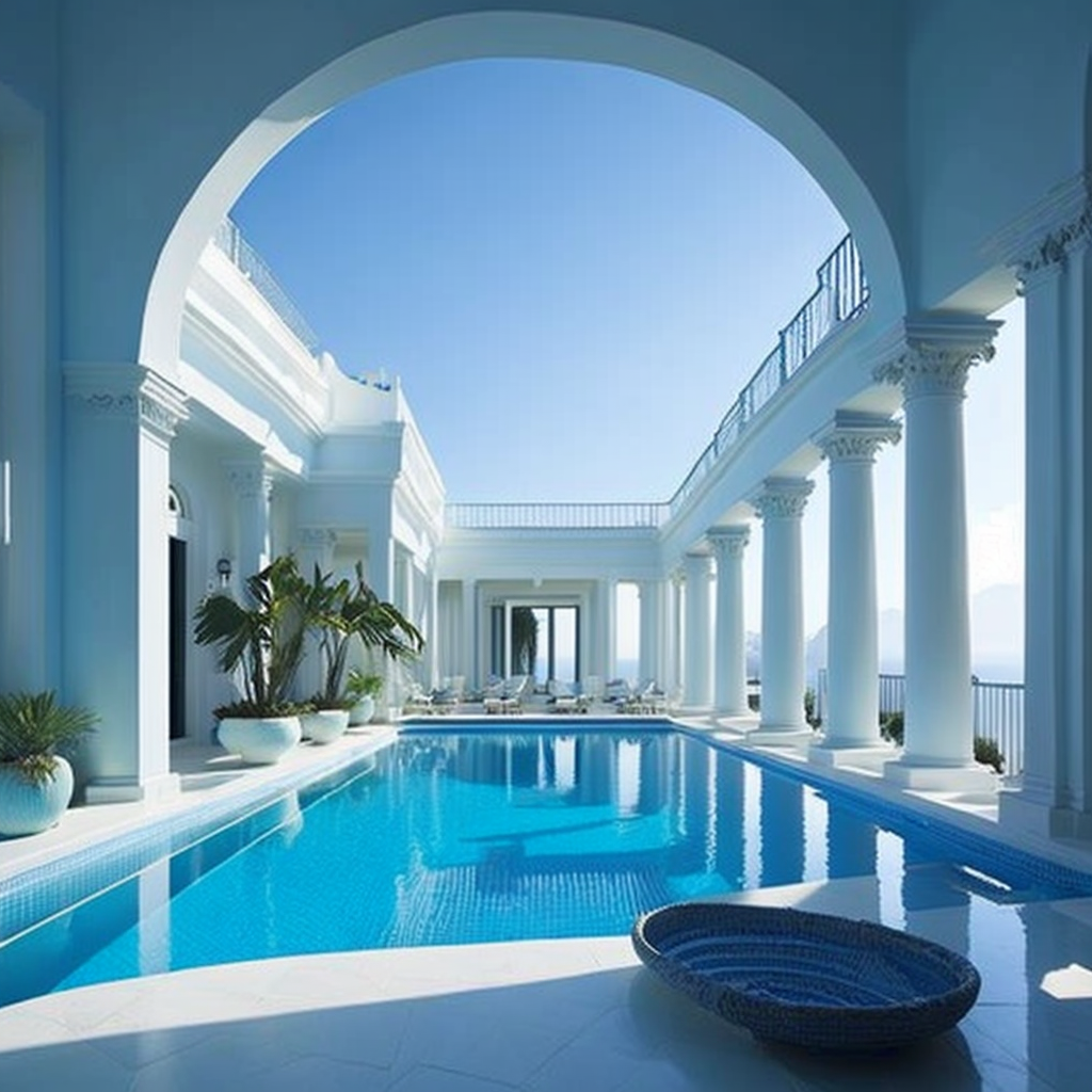 <lyco:Greek_style_interior_design_Sa_May:1.0>  Greek style interior design of  swimming pool