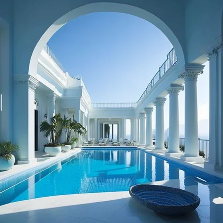 <lyco:Greek_style_interior_design_Sa_May:1.0>  Greek style interior design of  swimming pool