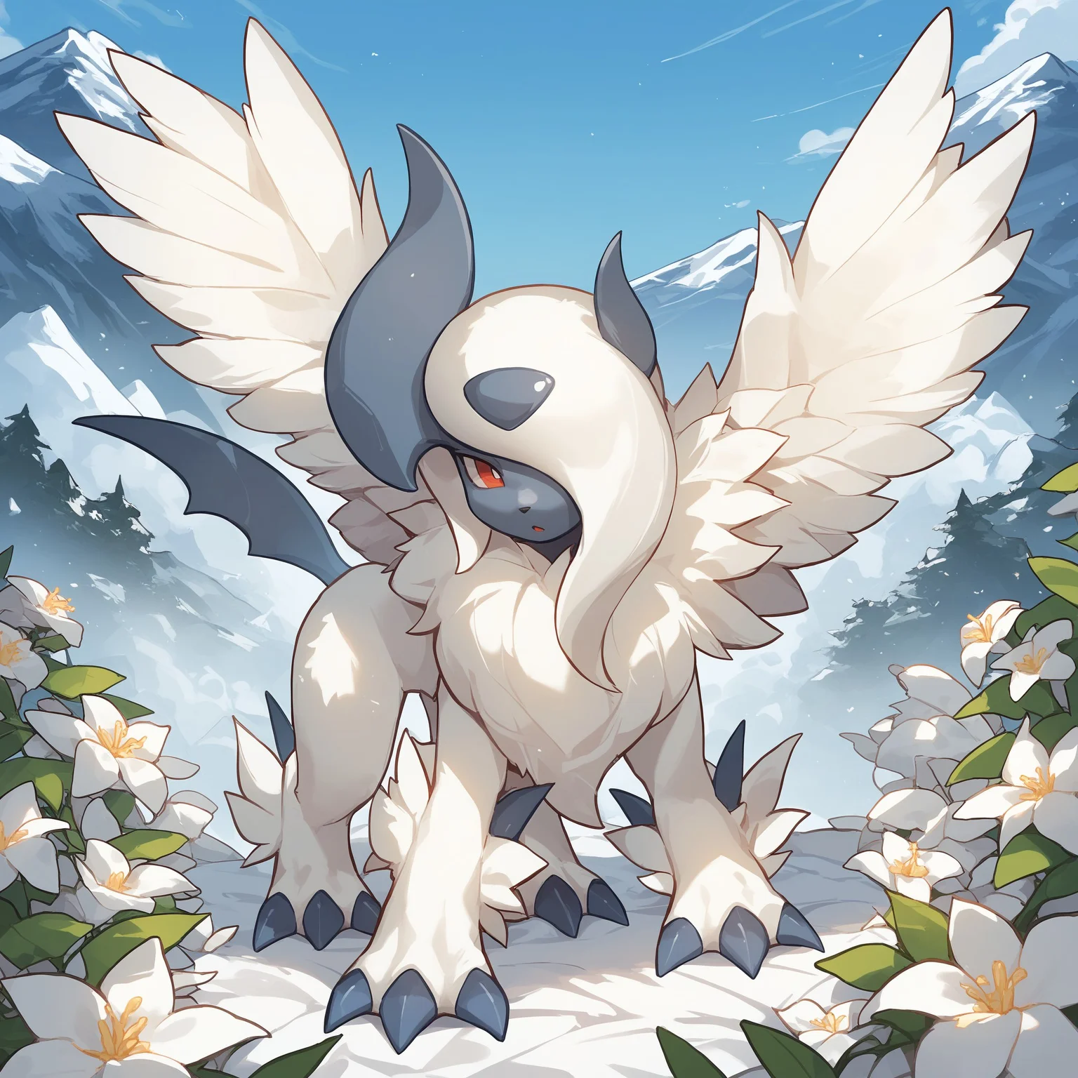 score_9, score_8_up, score_7_up, Megabsol, blue skin, white fur, red eyes, wings, pokemon \(creature\), full body, looking at viewer, mountaintop, white flowers, , <lora:cefaa866-a58e-40ba-a219-79ab392f7d60:0.9>, <lora:6bddb469-73de-4c77-8d49-6e764195ef35:0.9>