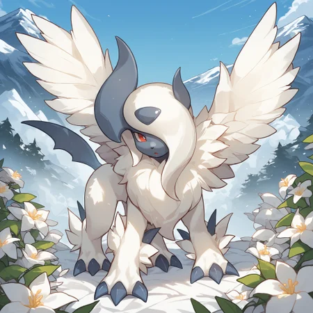 score_9, score_8_up, score_7_up, Megabsol, blue skin, white fur, red eyes, wings, pokemon \(creature\), full body, looking at viewer, mountaintop, white flowers, , <lora:cefaa866-a58e-40ba-a219-79ab392f7d60:0.9>, <lora:6bddb469-73de-4c77-8d49-6e764195ef35:0.9>