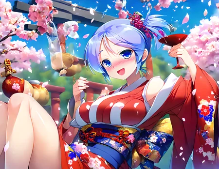<lora:pony_xl_navi:0.9>,navi,score_9,score_8_up,score_7_up,source_anime,best quality,masterpiece,super fine illustration,1girl,solo,looking at viewer,japanese clothes,red kimono,obi,new year,drunk,sitting,smile,blush,open mouth,cup,alcohol,petals,sakazuki,sake,torii,