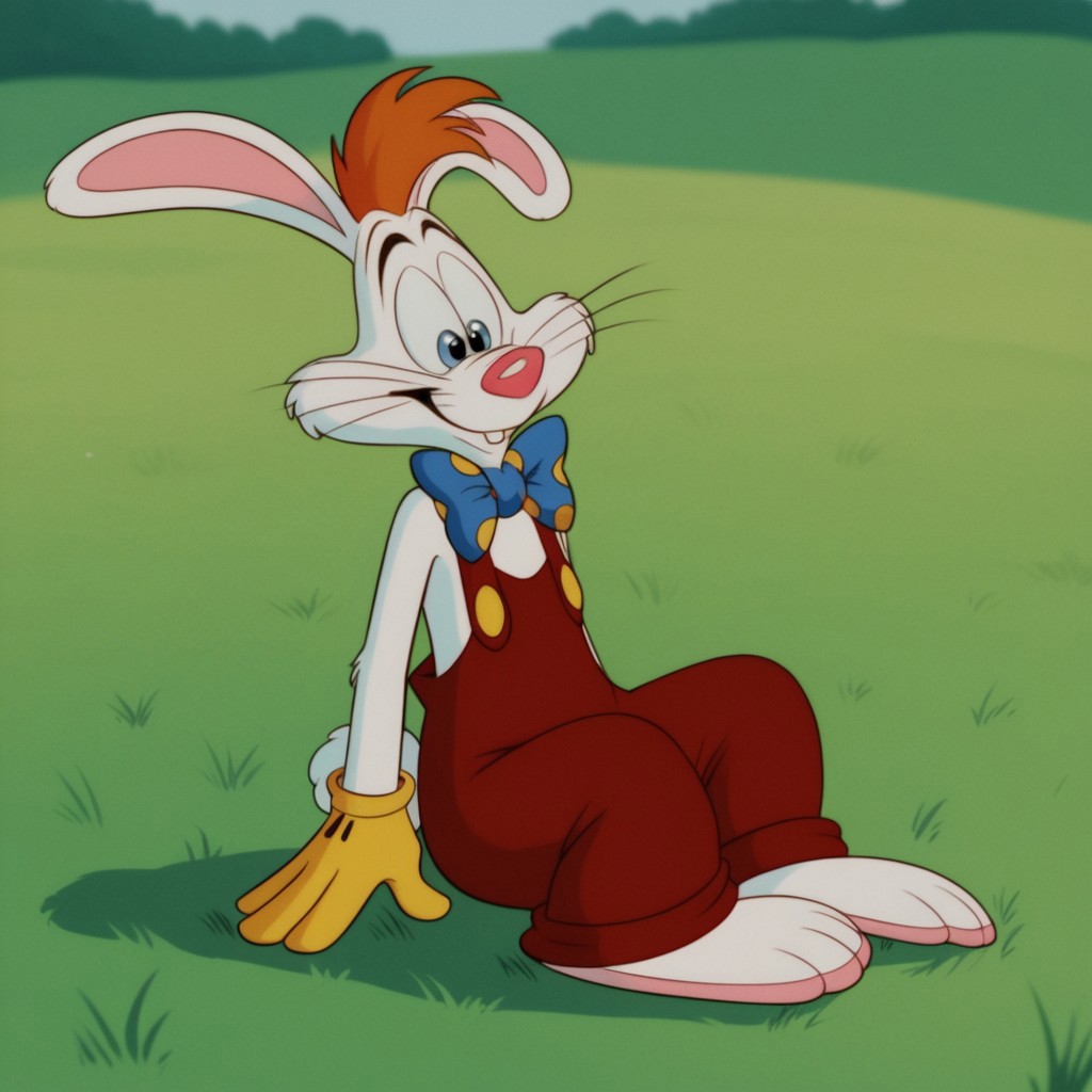 score_9, score_8_up, score_7_up, score_6_up, score_5_up, score_4_up, source_furry, Rogerrbbt, anthro, male, rabbit, rabbit ears, white fur, orange hair, red overalls, buck teeth, bowtie, yellow gloves, sitting, on grass,