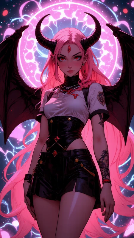 a professional photo shot of a breathtakingly beautiful caucasian woman, 25 yo, long pink hair with a herringbone braid, large demon wings, ((no demon horns)), (japanese school girl uniform), pale skin, diamond shaped face, She has a glamour and slender body with narrow hips, magical circles  as background, magical lights, light particles, dungeon, <lora:Dever_Flux_Enhancer:0.47>  <lora:breast-size4:-1.65> <lora:anime Niji B:1> Realistic anime style <lora:Hand v2:1> Perfect hand <lora:pose_dev_f1:0.75> <lora:sameface2:-0.2>