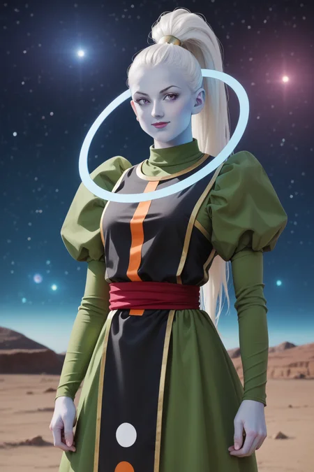 score_9, score_8_up, score_7_up, best quality, masterpiece,realistic, vados, 1girl, solo, light blue skin,white hair, cowboy shot, purple eyes, long hair,high ponytail, green dress, black tabard,juliet sleeves,(smile:0.8),space,star \(sky\),bokeh,natural light, red sash,halo,blue hands, <lora:VadosPony_v1:0.8>