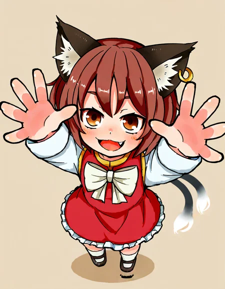 1girl, solo, looking at viewer, blush, smile, open mouth, short hair, simple background, brown hair, long sleeves, dress, bow, animal ears, jewelry, brown eyes, tail, full body, :d, earrings, shoes, socks, fang, bowtie, cat ears, arms up, animal ear fluff, cat tail, from above, white socks, red dress, white bow, looking up, outstretched arms, multiple tails, foreshortening, no headwear, mary janes, single earring, reaching, reaching towards viewer, two tails, white bowtie, nekomata, animal ear piercing, hoop piercing, chen <lora:yoshiyuki_14330975:0.8>