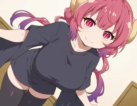 score_9, score_8_up, score_7_up, source_anime,
dragonilulu, <lora:dragon-ilulu-s2-ponyxl-lora-nochekaiser:1>,
ilulu, curled horns, horns, long hair, multicolored hair, purple hair, red eyes, red hair, slit pupils, large breasts,
black shirt, long shirt, black thighhighs, collarbone, shirt, short sleeves, thighhighs, wide sleeves, zettai ryouiki,
indoors, bent over, smile,
looking at viewer, cowboy shot, dutch angle, solo,