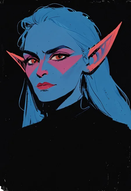 (resplendent highlighting) in the style of casual line and wash sketch, hauntingly beautiful, a drawing of a githyanki woman with, very small nose, pointed elf ears (detailed anatomy and defined musculature:1.0) prominent cheekbones, looking at viewer (elated expression:1.2), focus on the face, strong stance (ultraviolet hues:1.0) bill sienkiewicz and marilyn minter influence, high-contrast lighting, rough details, dark-black sweater, backdrop of salt flats and mono lake, aidmamj6.1, 3xpr3sgg0th1cn30n1nc4s3, ExpresHGothicNeonIncaseUOC, ExpresHGothicNeonIncase