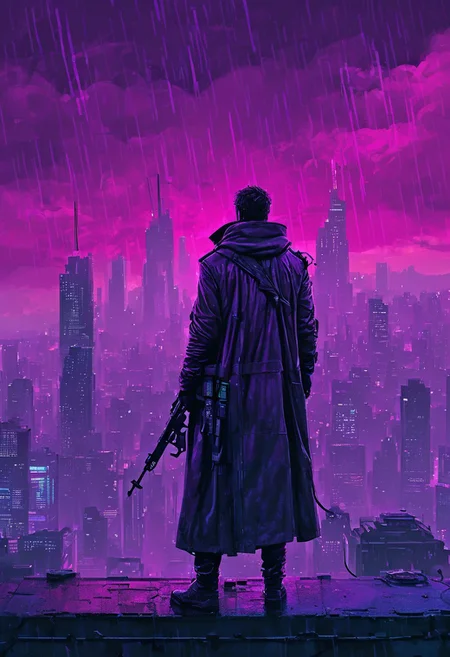 a man in a long overcoat with a sniper rifle standing on a rooftop looking out over a city skyline, telescopic sight, skyscrapers, rooftop, rain, clouds, night, neon, cyberpunk,
(Charcoal, Violet, and Magenta color palette), cybernetic design, futuristic elements, bold lines, flat colors, simple details, retro-futuristic vibe