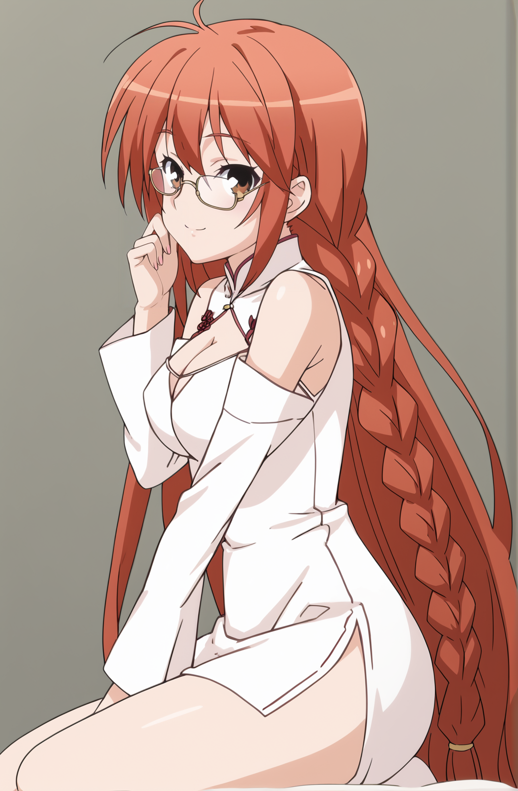 source_anime, anime screenshot, cowboy shot, from side, head turned to side, eyes looking at viewer, hand adjusting glasses, 1girl, solo, Matsu, (very long hair:1.2), red hair, (long red hair:1.2), flowing hair, (fishtail braid:0.5), (twin braid:0.8), thin braid, brown eyes, glasses, finger to glasses, soft smile, white dress, cleavage cutout, detached sleeves, china dress, side slit, seiza sitting, kneeling sit, seat cushion, indoor background, plain background
<lora:SekireiSet1:1>, score_9, score_8_up, score_7_up,1girl, solo,masterpiece, best quality, very aesthetic, absurdres