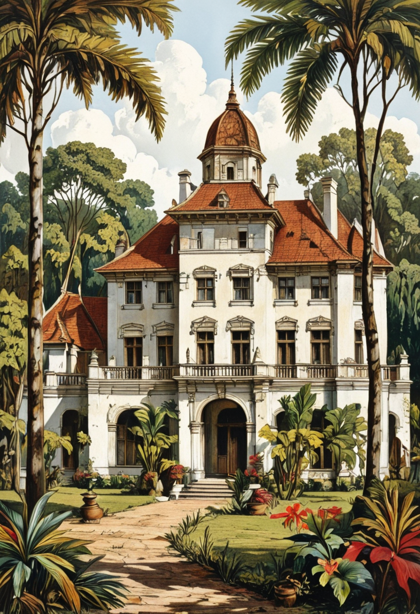 Dutch colonial manor surrounded by tropical gardens., in memadukan_painter art style, 19th century indies vintage illustration by Auguste van Pers, painting