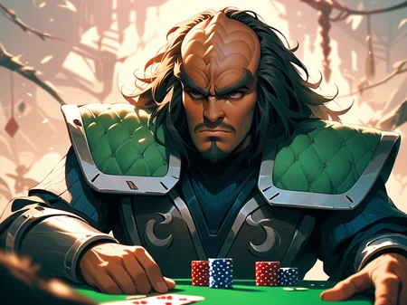 playing poker <lora:Klingon_v2_pony:1> score_9,score_8_up,score_7_up,score_6_up,score_5_up,score_4_up , 1man, kling0n alien, large forehead ridges, brown skin, large eyebrows, wearing warrior armor,