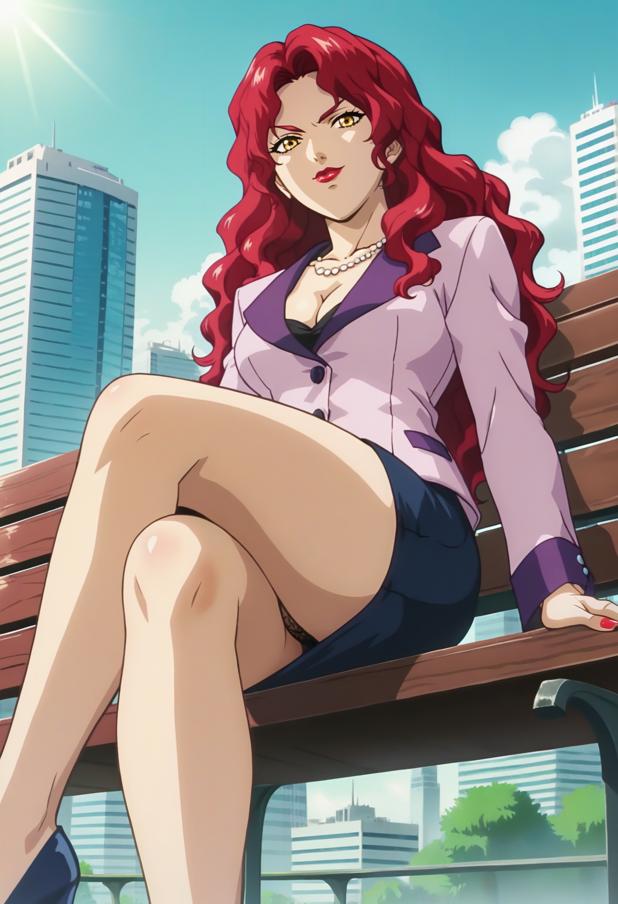 score_9, score_8_up, score_7_up, score_6_up, anime screencap, anime coloring, <lora:ISTAUtakoDaigo-000009:0.8>, ISTAUtakoDaigo, red hair, long hair, wavy hair, yellow eyes, lipstick, red lips, nail polish, medium breasts,
white necklace, cleavage, pink jacket, dark blue skirt, pencil skirt, dark blue high heels,
looking at viewer, seductive smile, v-shaped eyebrows, sitting, bench, crossed legs, upper body, from below, black panties, 
BREAK cityscape, day, sunlight, sunbeam,